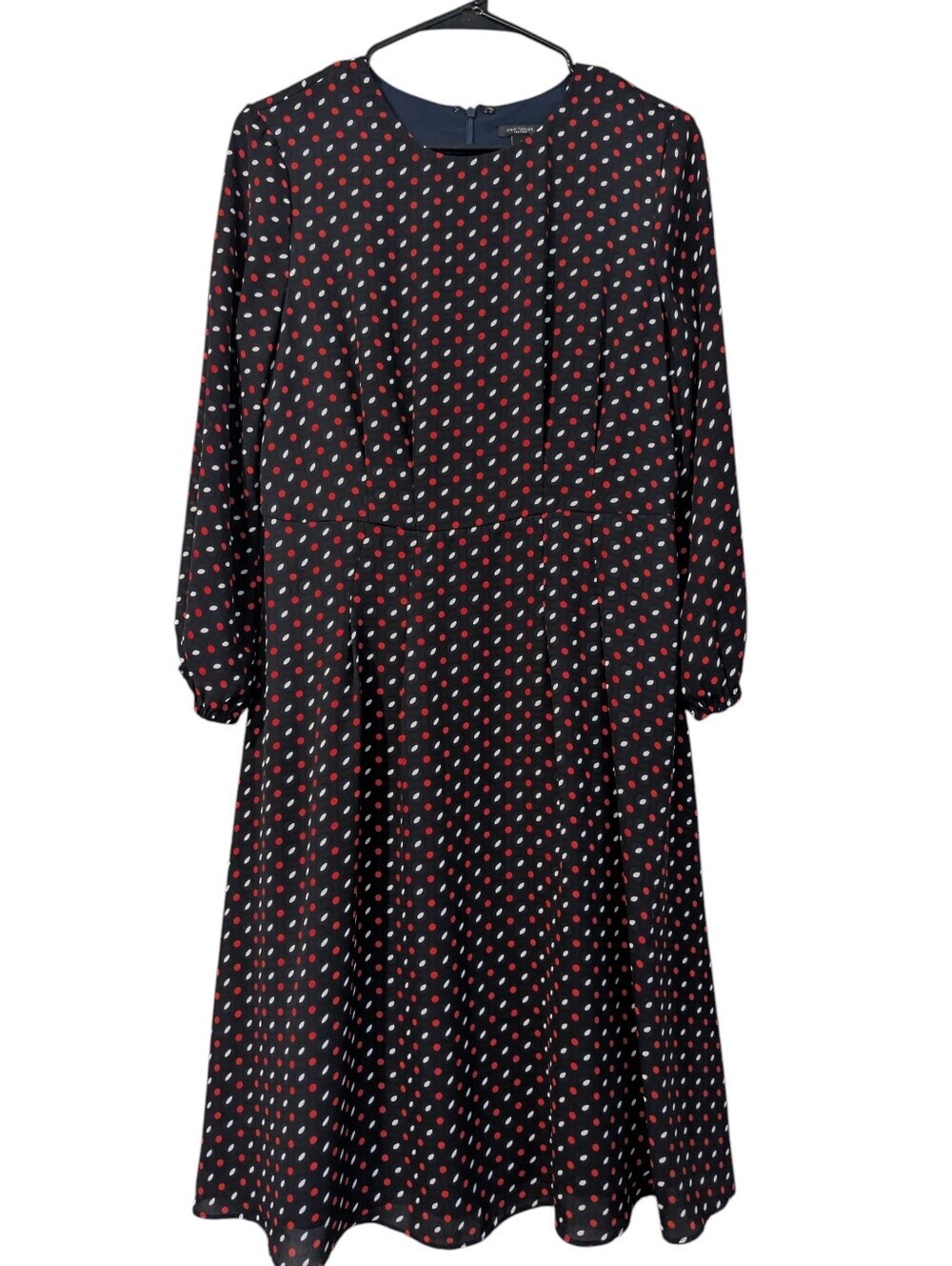 Ann Taylor,Navy Long Sleeve Midi Dress with Red & White Dot Print,Size 6